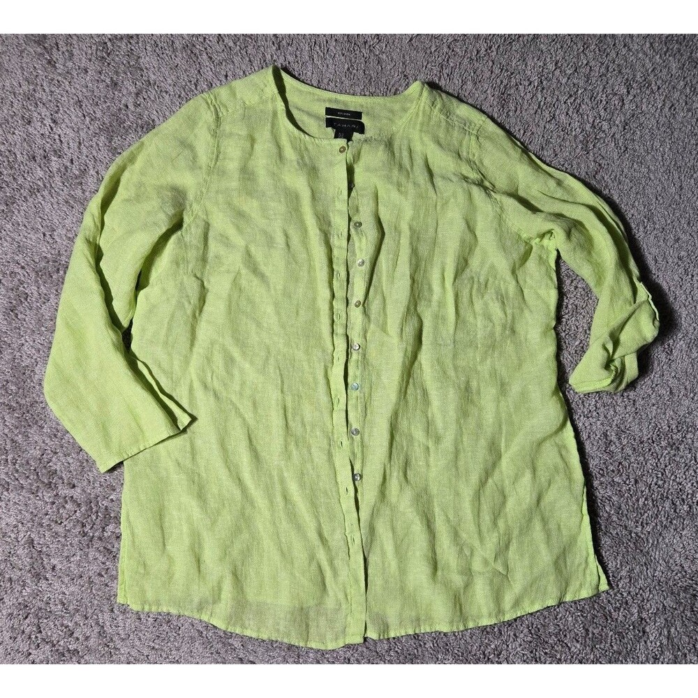 Tahari Women Plus 1X Yellowish Green Linen Blouse Shirt Tunic Button Coverup